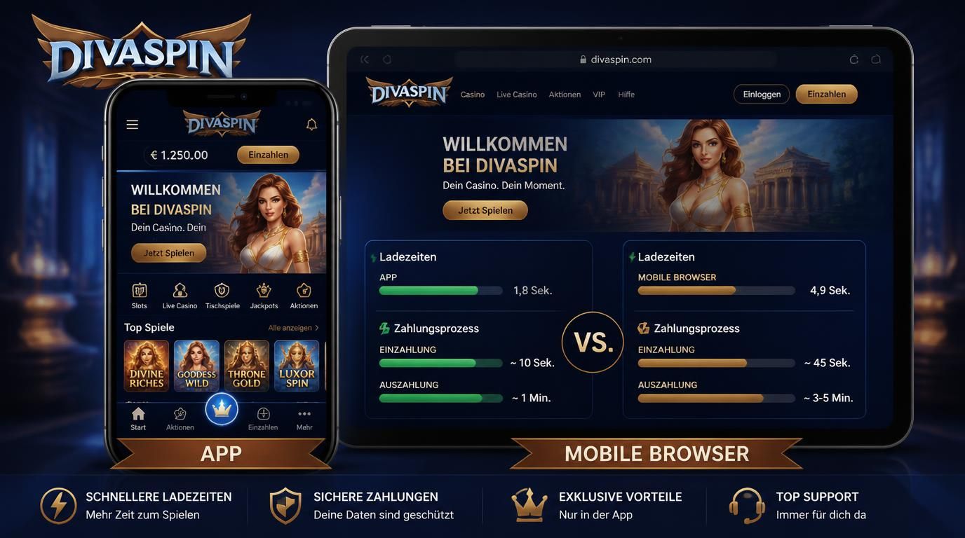 Ein Bildschirm zeigt die DivaSpin App und ein Browserfenster im Vergleich bei Ein-/Auszahlungen