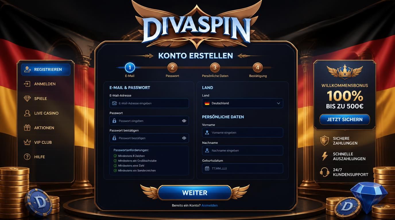 Ein sauberes Anmeldeformular zur Registrierung bei DivaSpin in Deutschland