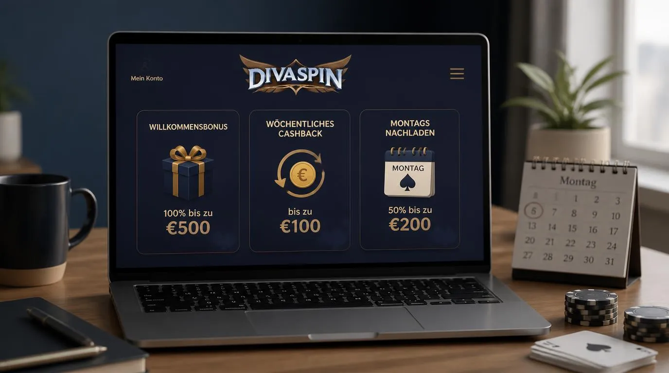Bonusübersicht mit Willkommensangebot, wöchentlichem Cashback und Reload auf einem Laptop