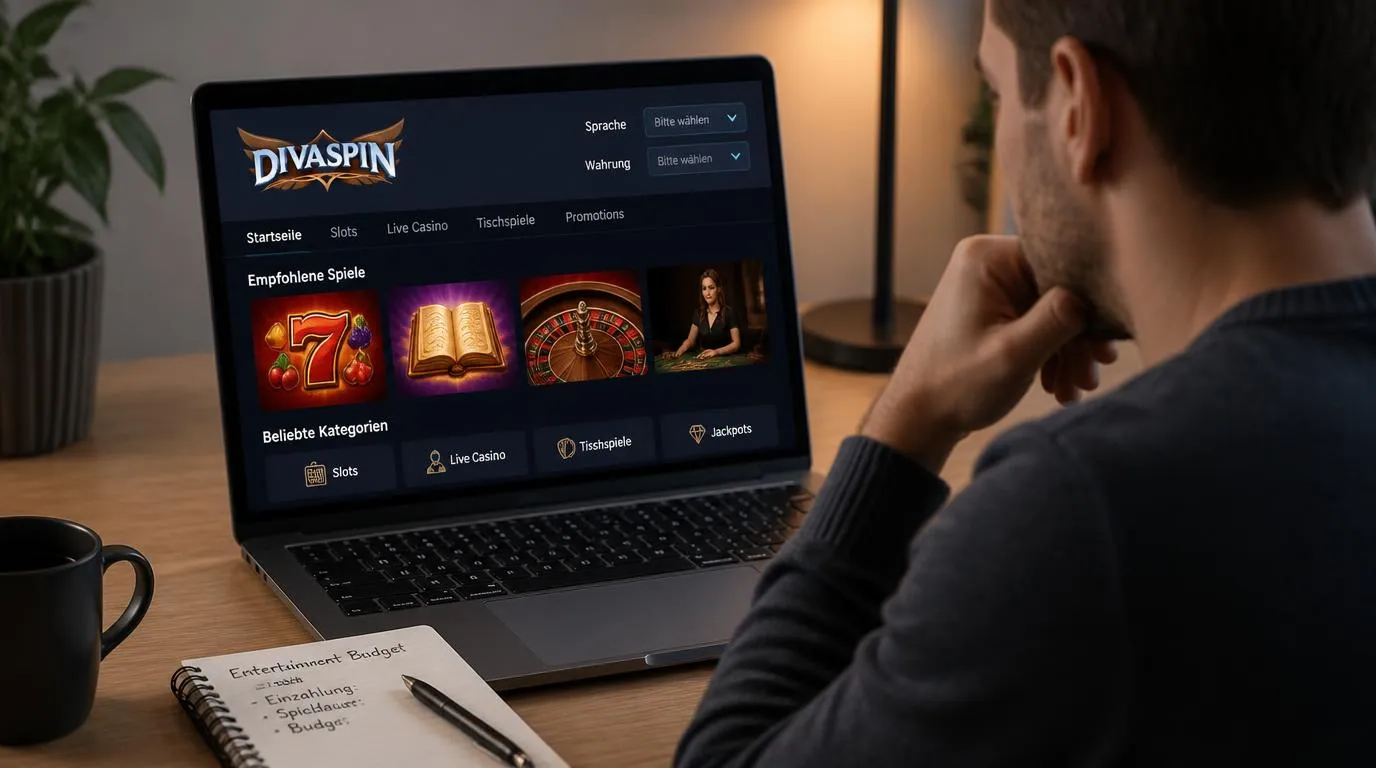 Casino-Oberfläche mit Auswahlfeldern für Sprache und Währung