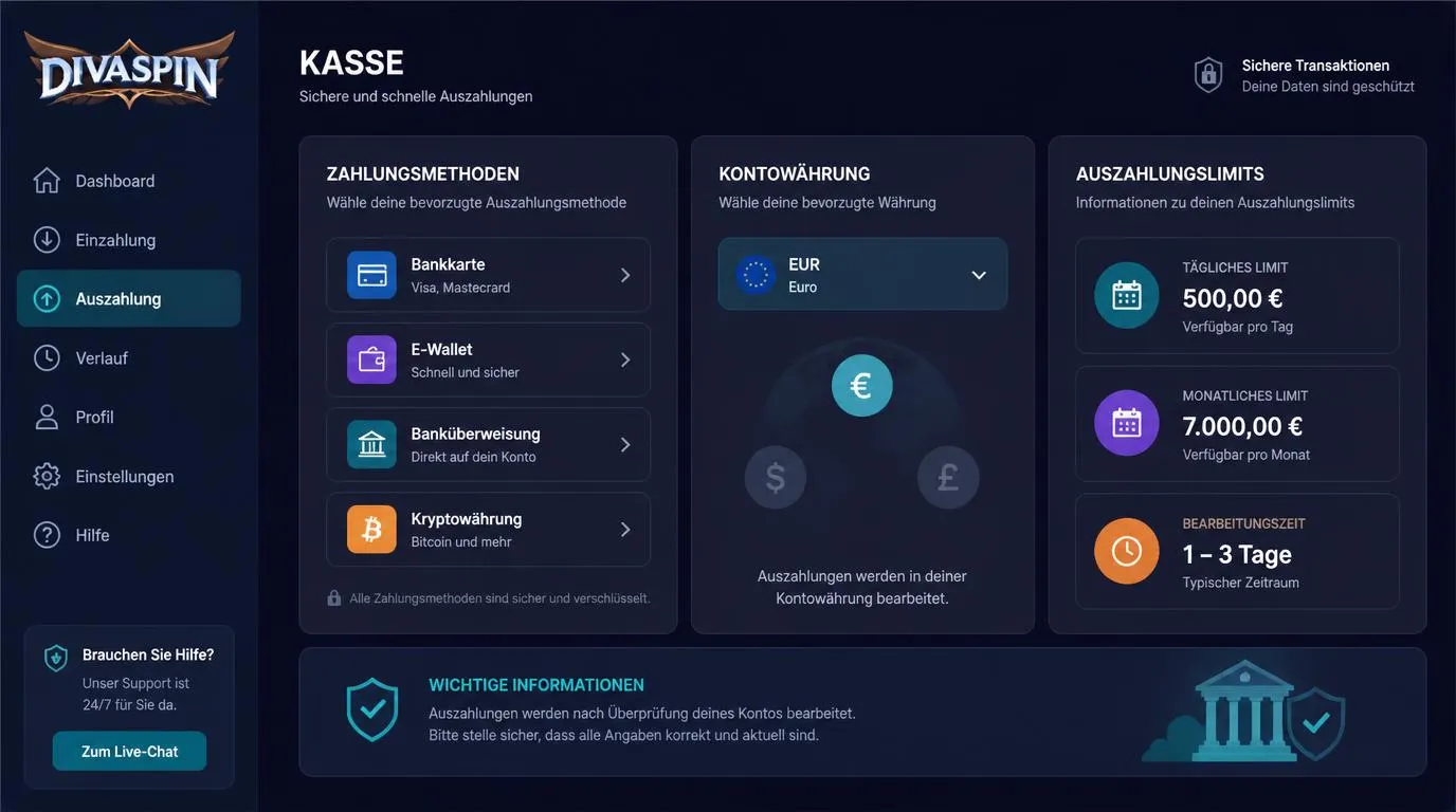 Illustration einer Casino-Kasse mit Zahlungsarten, Kontowährungen und Auszahlungslimits